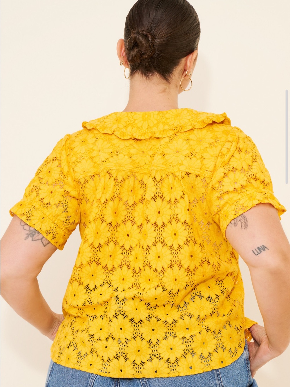 Pilcro Anthropologie Keira Yellow Lace Peter Pan Collar Blouse - Picture 2 of 6